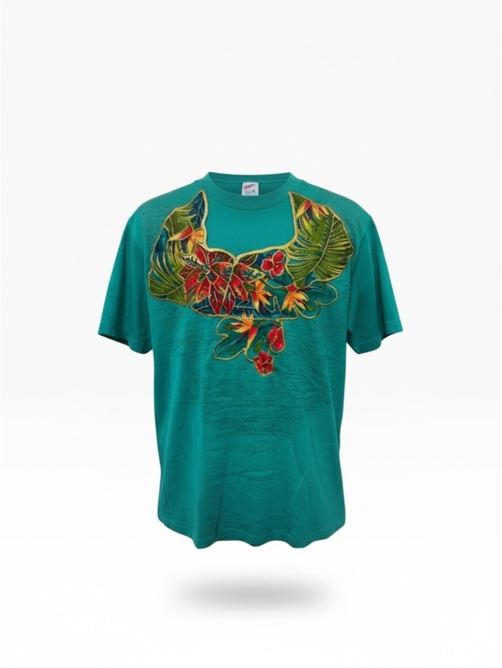 Vintage Teal Tropical Embroidered Puffy Paint T-Shirt